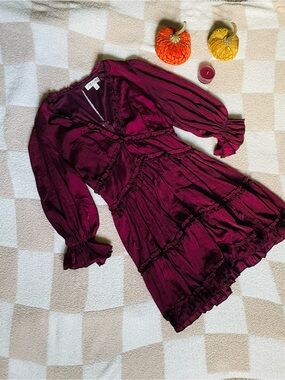 Womens Burgundy Ruffled V-Neck Dress